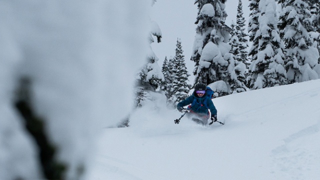 a skiers making a deep turn in fresh snow