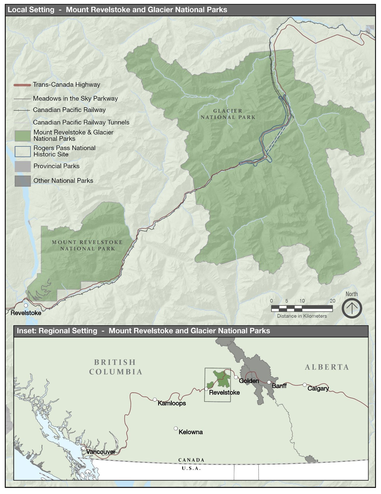 A map showing the location of Mount Revelstoke and Glacier national parks and Rogers Pass National Historic Site in British Columbia.