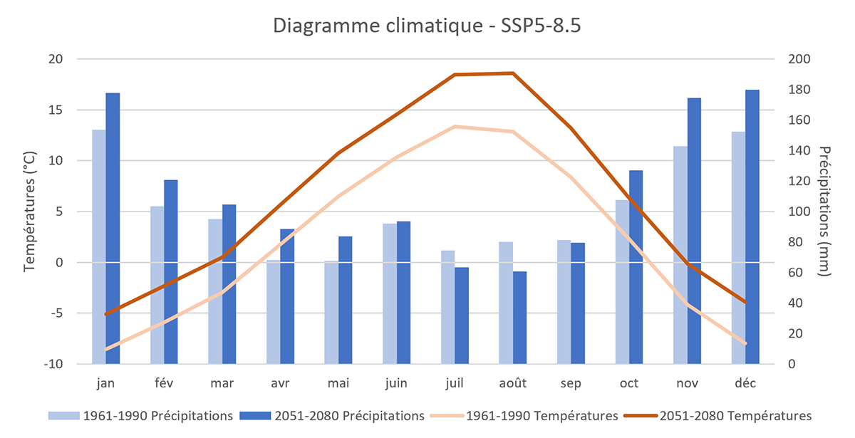 Graph comparing the average temperature and precipitation throughout the year between the periods of 1961-1991 and the projected period of 2051-2080