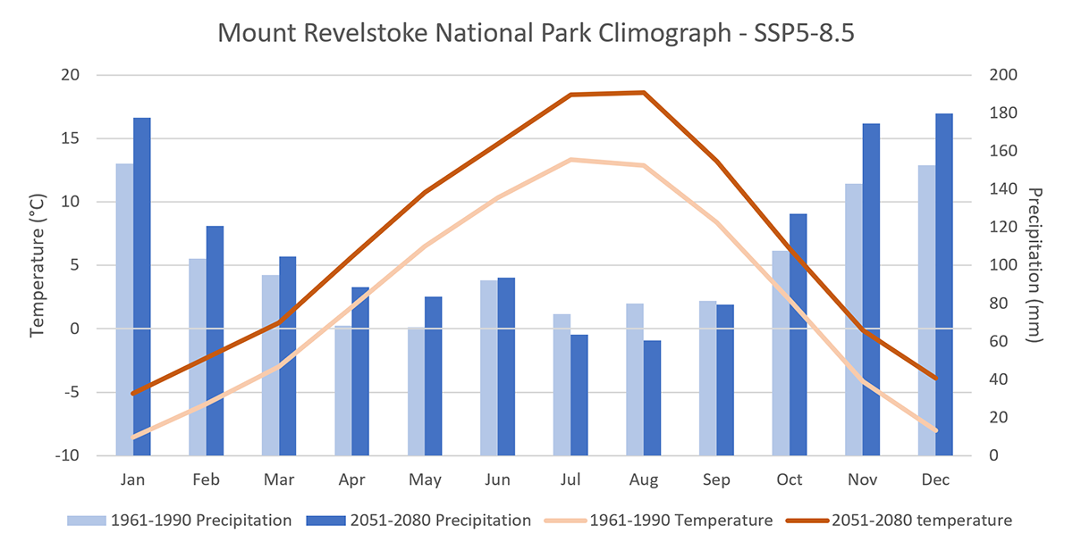 Graph comparing the average temperature and precipitation throughout the year between the periods of 1961-1991 and the projected period of 2051-2080.