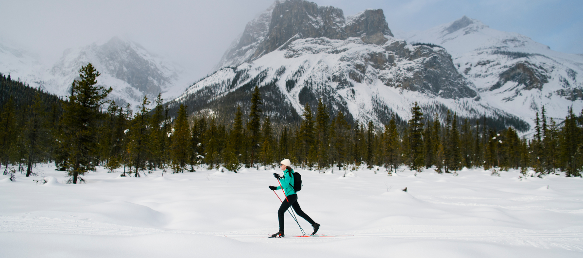 A cross-country skier crosses a clearing with a background view of the President mountain.