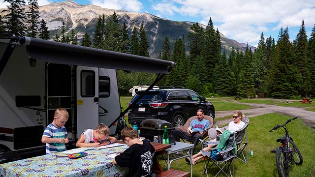 A family camping in an RV