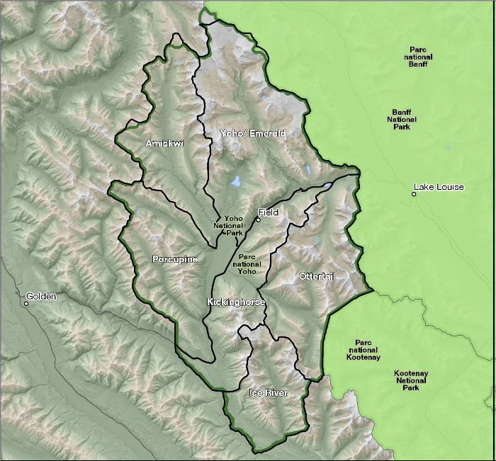 Carte du parc illustrant les six subdivisions appelées « unités de gestion du paysage ». — La version textuelle suit