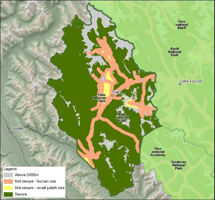 Colour-coded map of the park showing areas of secure habitat and areas considered not secure due to elevation, human use or small size. — Text description follows