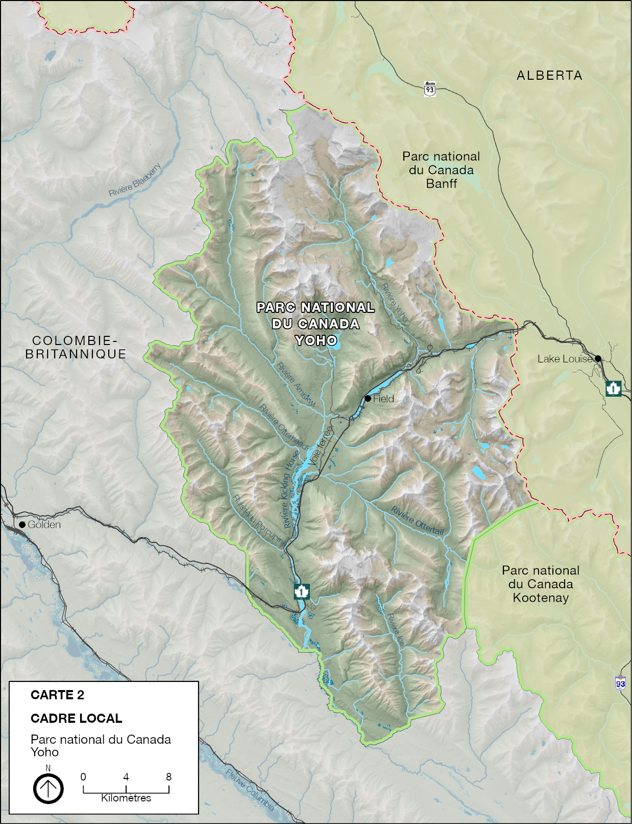 Carte du paysage local illustrant les limites du parc, les principaux cours d’eau, la route 1 et les parties adjacentes des parcs nationaux Banff et Kootenay. — La version textuelle suit