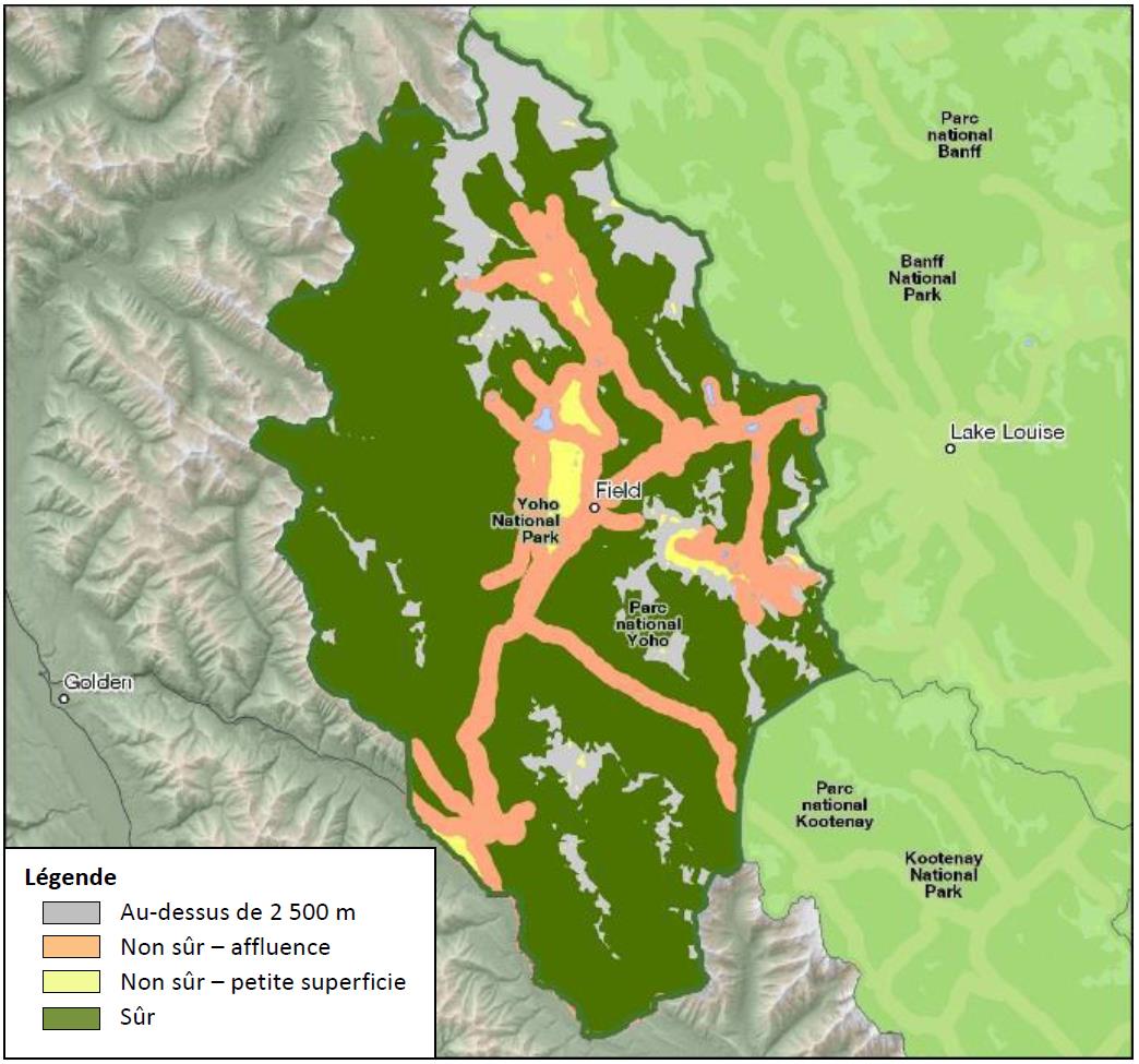 Carte à code de couleurs montrant les parcelles d’habitat sûres et celles qui ne le sont pas à cause de l’altitude, de l’affluence humaine et de leur petite superficie. 