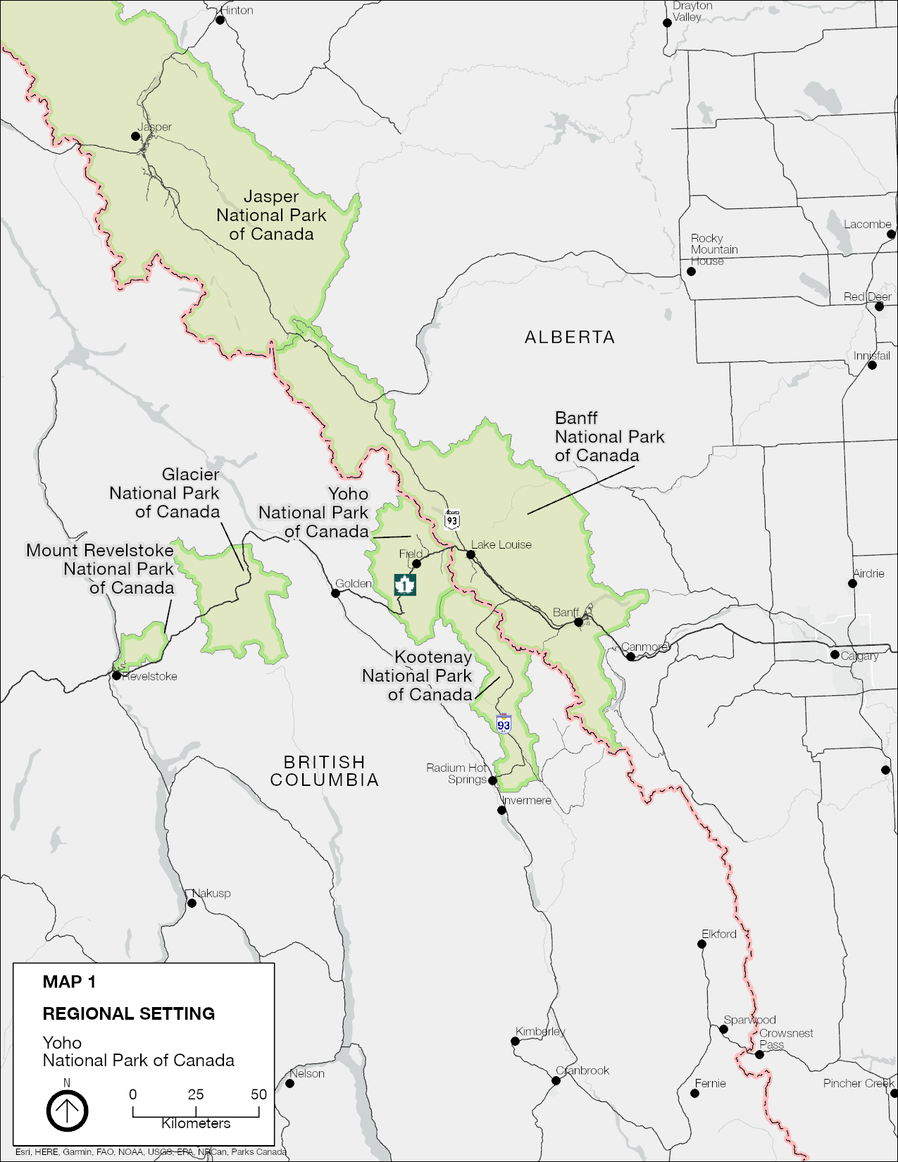 Southeastern British Columbia and southwestern Alberta showing the regional setting of Yoho National Park, roads and communities. — Text description follows