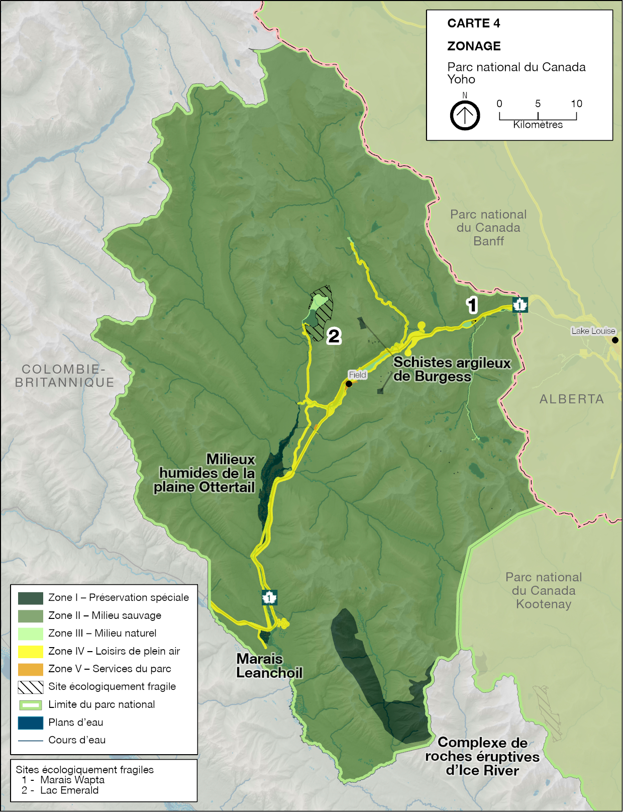 Carte assortie d’un code de couleurs pour illustrer les cinq zones du parc, depuis la zone Préservation spéciale jusqu’à la zone Services du parc. —  La version textuelle suit