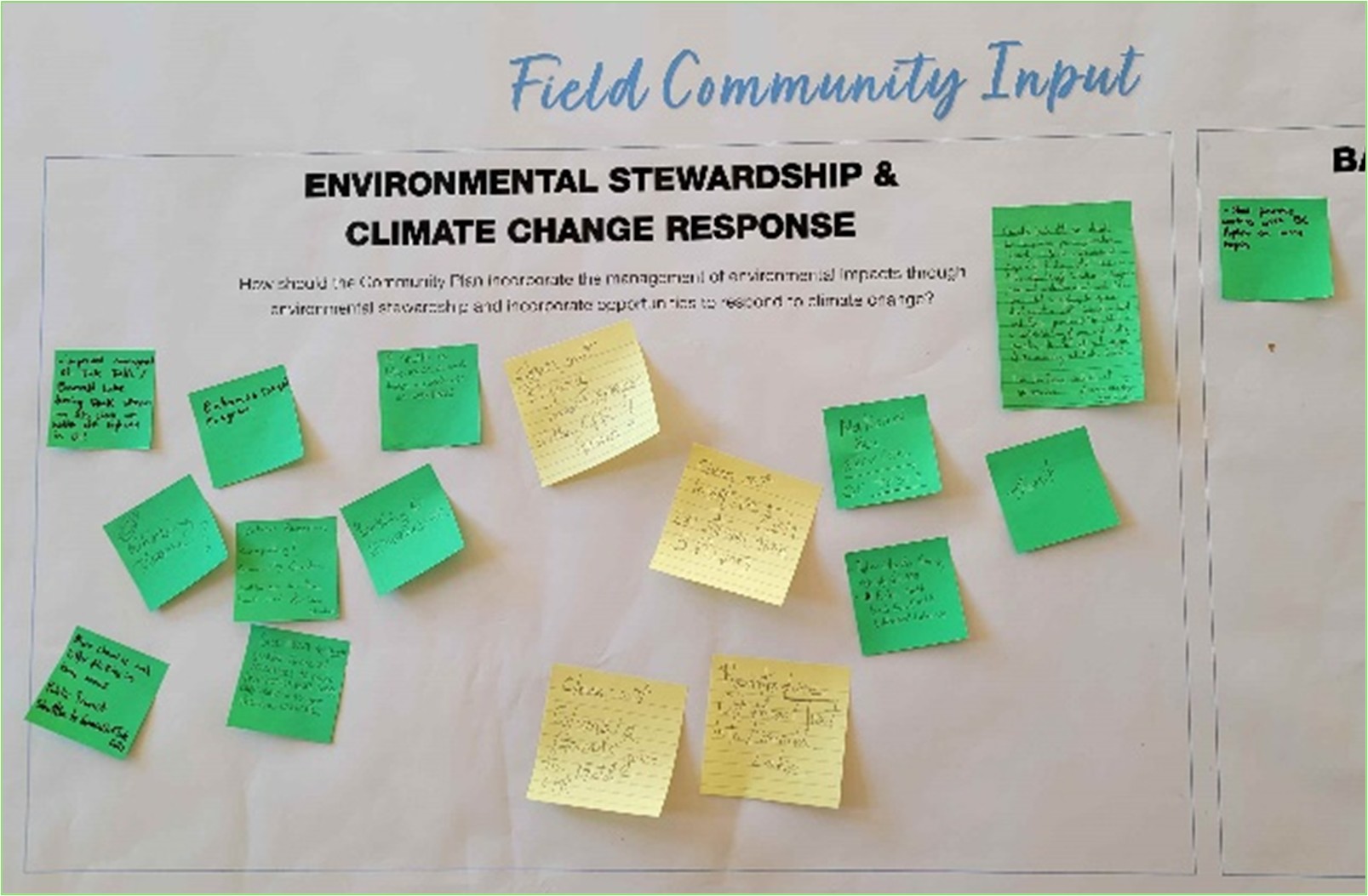 Sticky notes on a flip chart with comments from community members