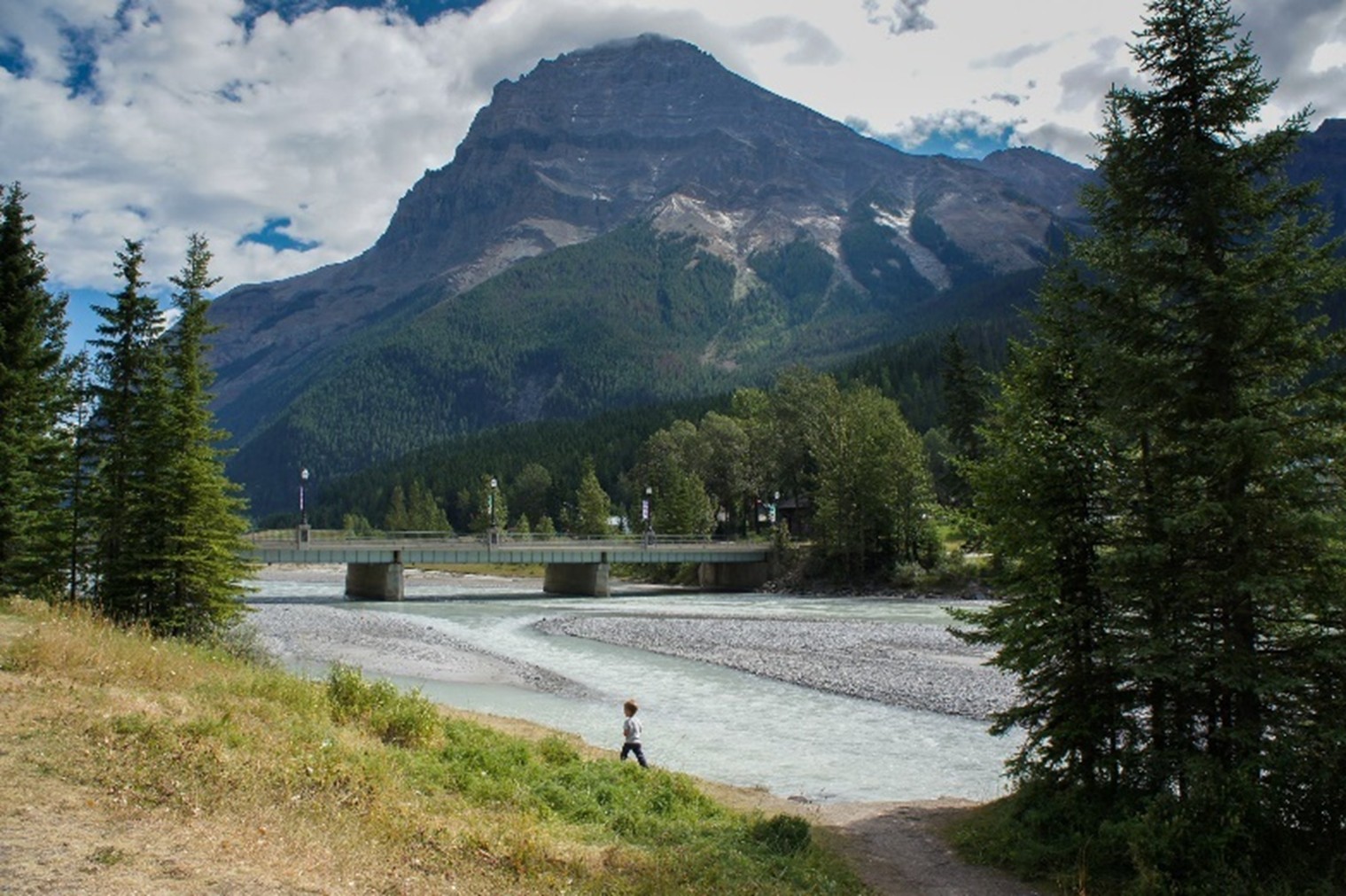 Boy walks beside the Kicking Horse River with view of bridge and Mt. Stephen