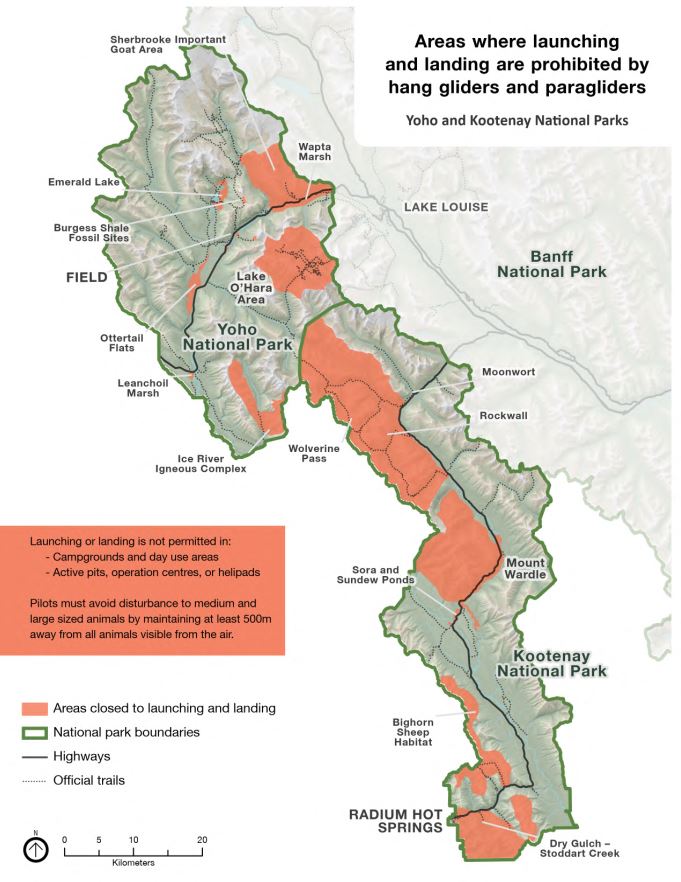 Map of areas closed to launching and landing by paragliders and hang gliders