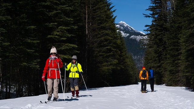 Cross-country skiers and snowshoers are on either side of a multi-use winter trail.