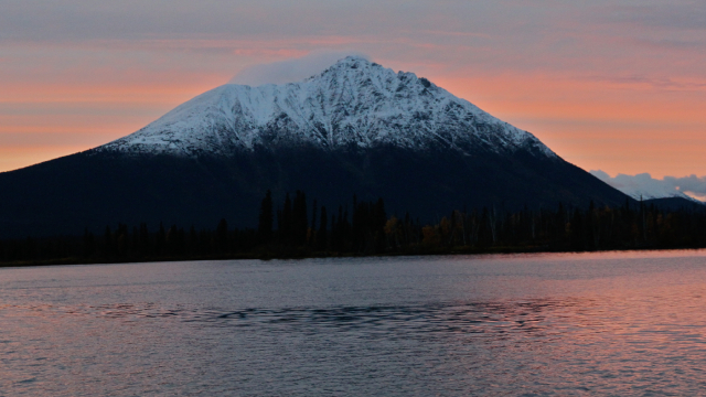 Snowcapped peak with a pink sunset sky. 