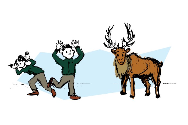 An illustration of two people holding their hands to the side of their head, mimicking a caribou’s antlers, as a caribou looks at them with a confused expression on its face.
