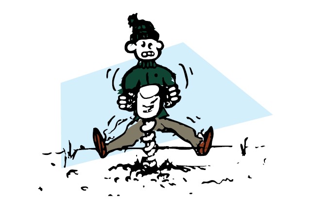 An illustration of a person in winter clothing and a toque vibrating and gritting their teeth with their feet in the air on either side of them while steadying a large drill in the snow.