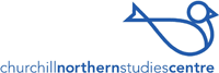 An outline of a stylized bird outlined in blue sits above blue text saying Churchill Northern Studies Centre. The text is presented as one word in completely lowercase text with the words Northern and Centre bolded.