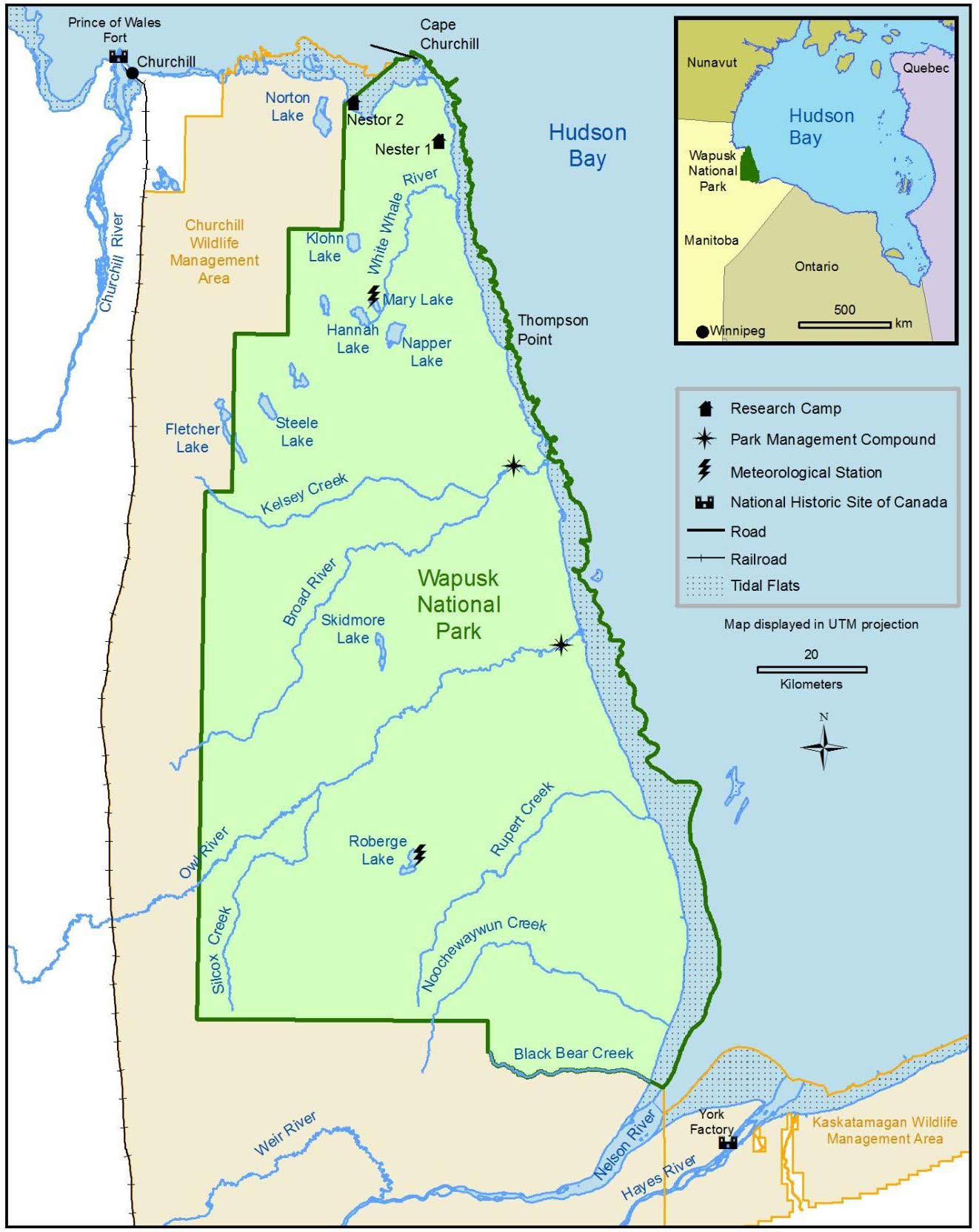 A detailed map of Wapusk National Park and the surrounding area.