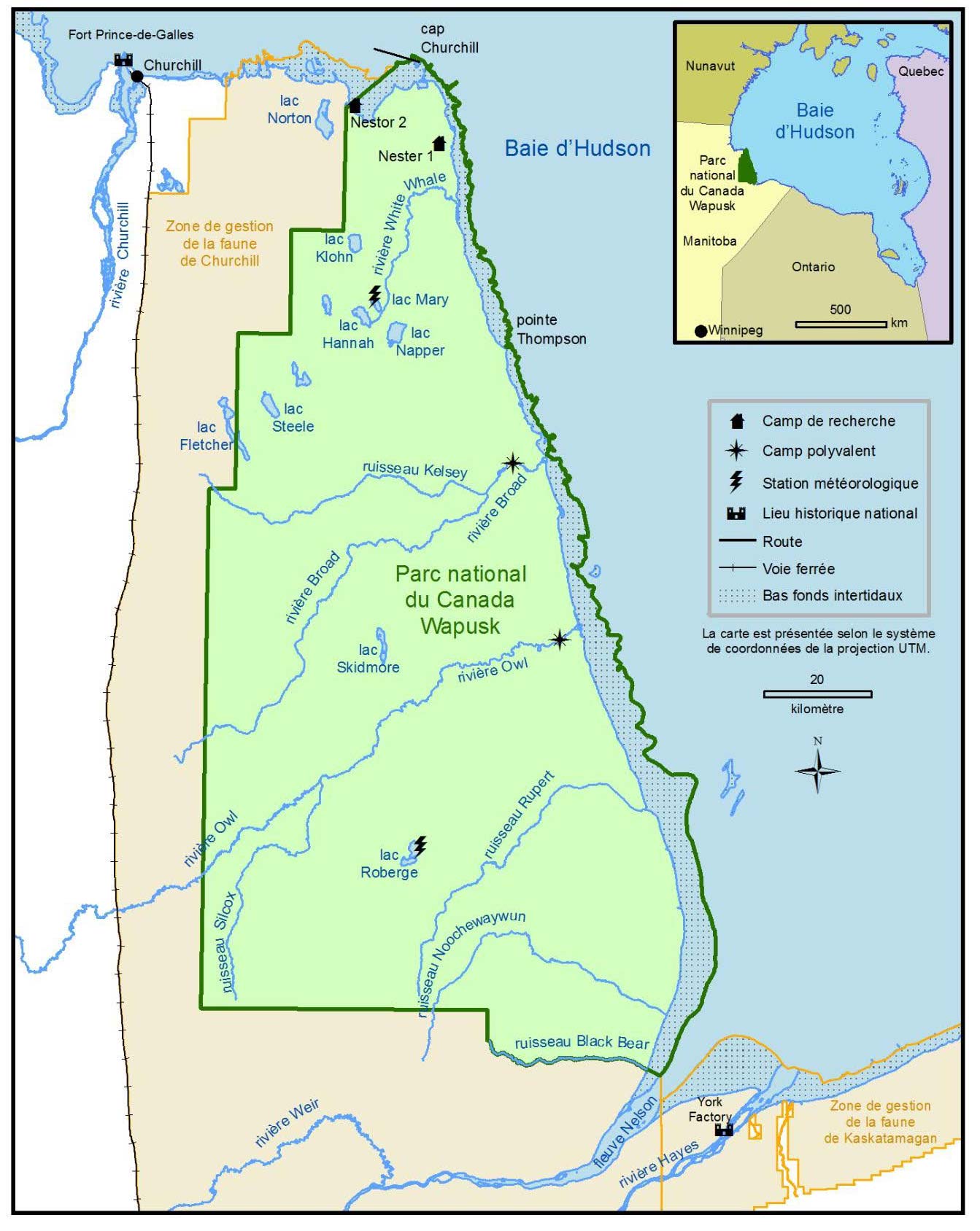Une carte détaillée du Parc national Wapusk et de ses environs.