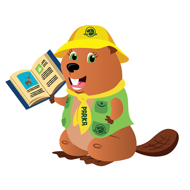 An illustration of Parks Canada mascot Parka showing an open book.