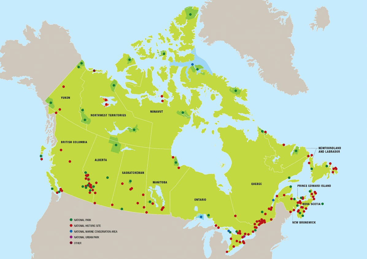 A map of Canada with dots marking Parks Canada administered sites.