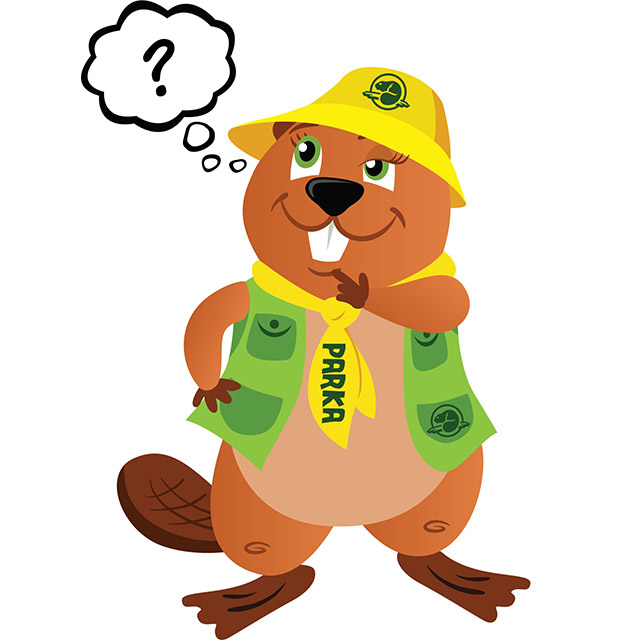 An illustration of Parks Canada mascot Parka with her hand on her chin and a thought bubble containing a question mark next to her head.