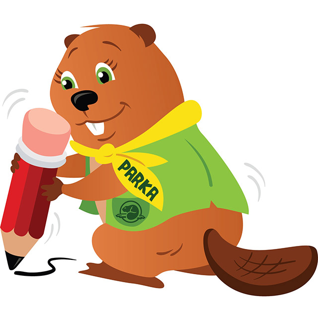 An illustration of Parks Canada mascot Parka drawing with a pencil.