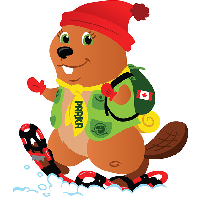 An illustration of Parks Canada mascot Parka snowshoeing in snow.