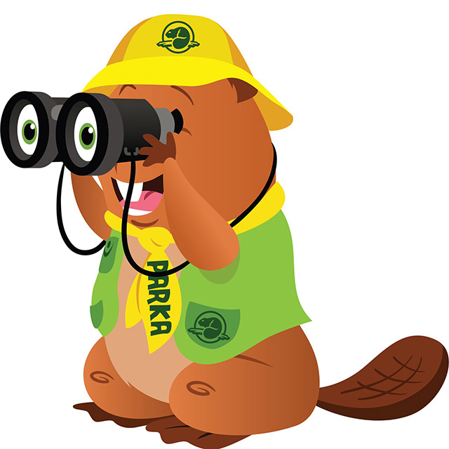An illustration of Parks Canada mascot Parka looking through binoculars.