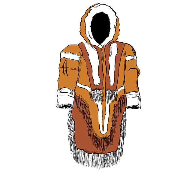 An illustration of a warm coat with a fur-lined hood.