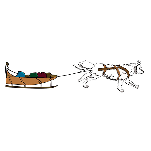 An illustration of a dog pulling a sled.