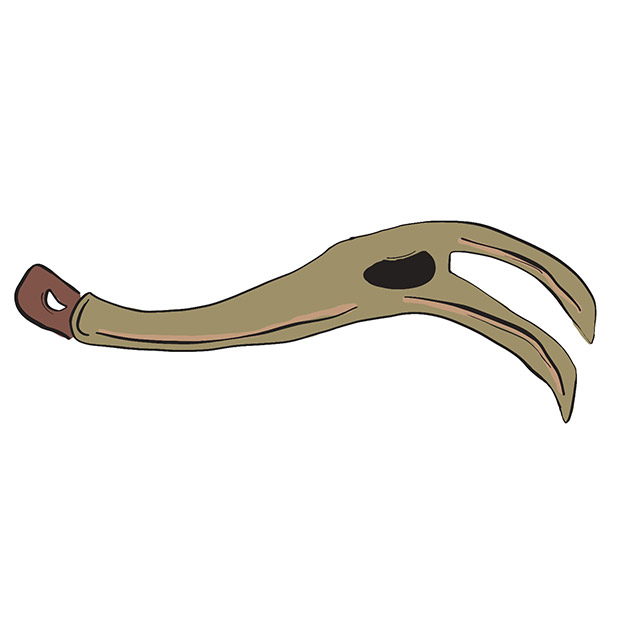An illustration of a caribou antler with a two-pronged claw on one end, used as a sled anchor.