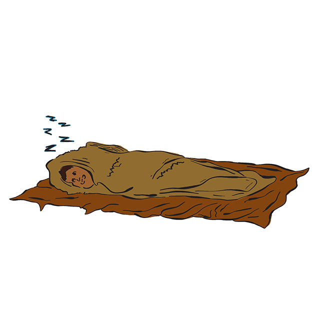 An illustration of a person sleeping in a sleeping bag on a blanket.