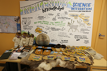 A large illustrated infographic stands on a table with boots, gloves, slippers, pelts and pamphlets in front of it.