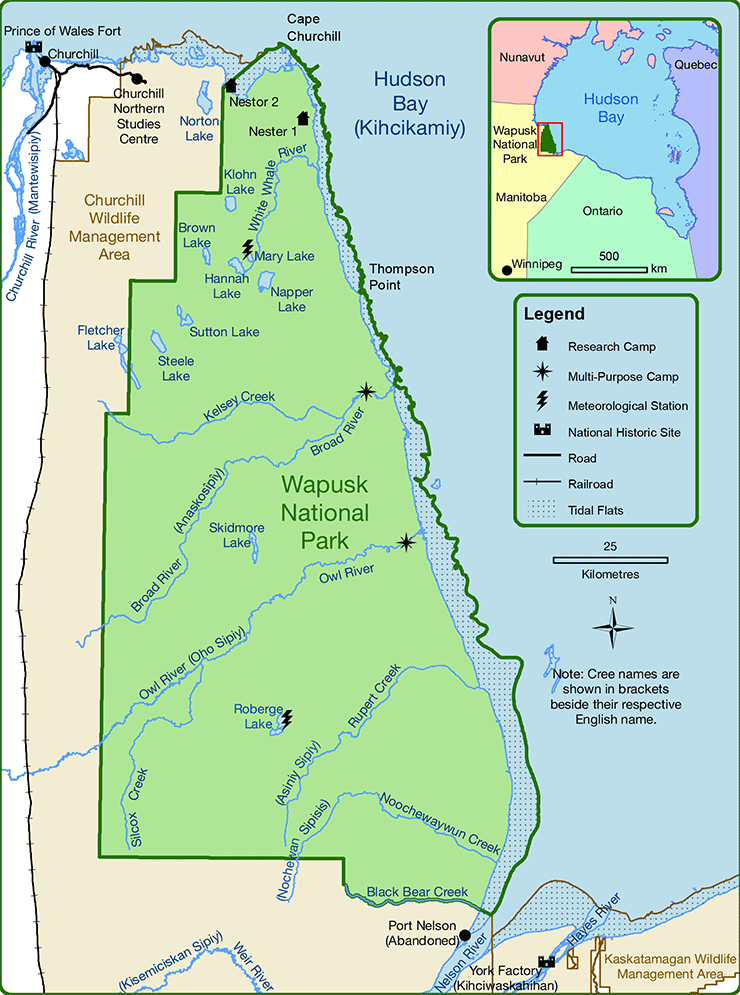 A detailed map of Wapusk National Park and the surrounding area.