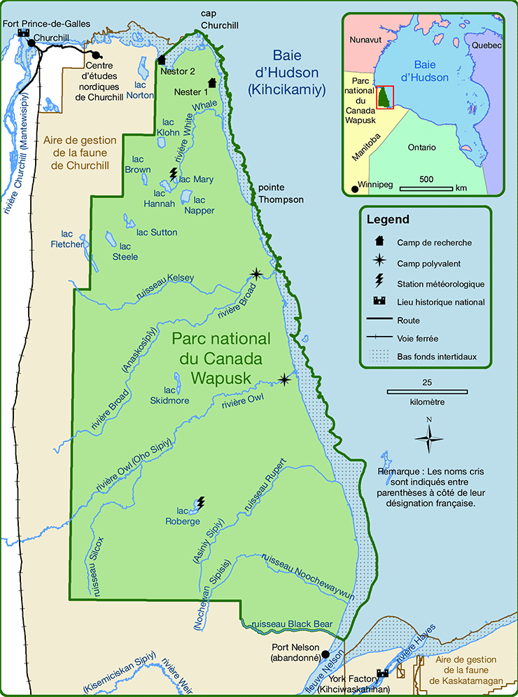 Une carte détaillée du Parc national Wapusk et de ses environs.