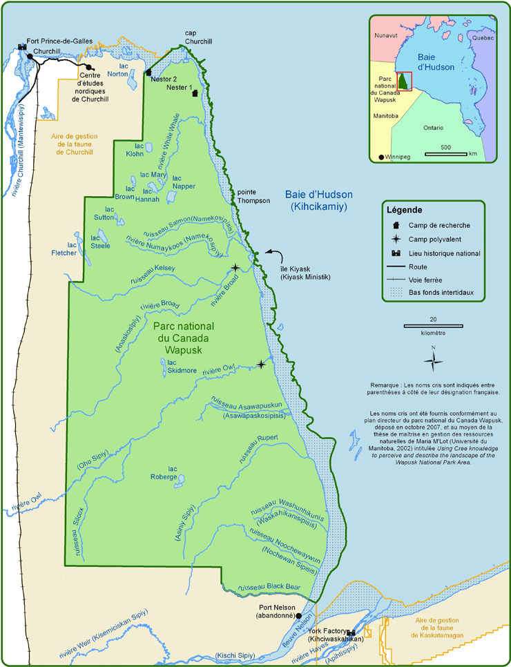 Une carte détaillée du parc national Wapusk avec les noms français et cris, lorsqu’ils sont disponibles.