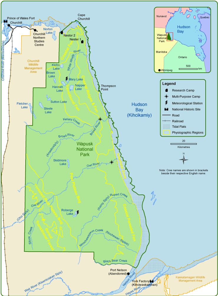 A detailed map of Wapusk National Park and the surrounding area with physiographic regions identified.