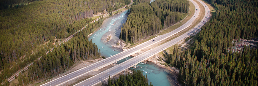 Canadian Pacific Railway, Trans-Canada Highway and the Bow River in Banff National Park