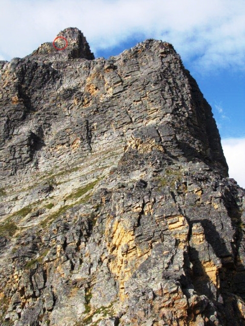 NE Ridge of Peveril Peak. The red circle shows the site of the accident.