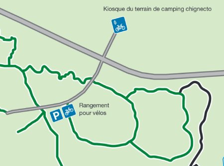 Carte de l’aire récréative Chignecto montrant l’emplacement de l’installation de location de vélos au kiosque du terrain de camping et du hangar à vélos situé à côté du stationnement du pavillon.