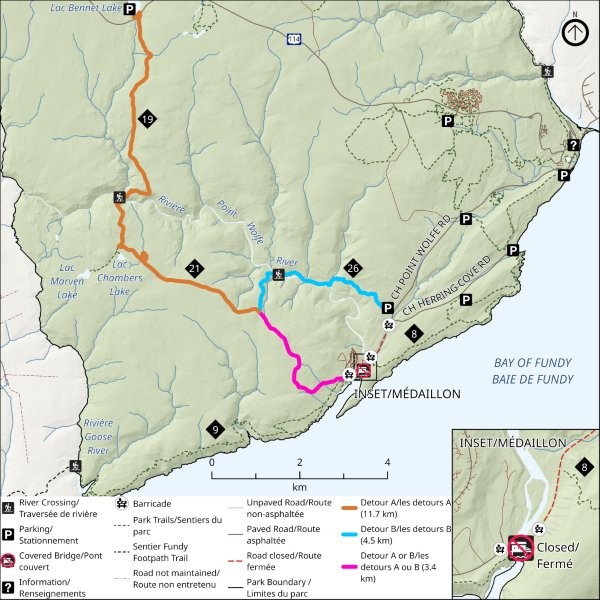Carte de détour pour les randonneurs de l’arrière-pays qui contournent le pont couvert de Point Wolfe.