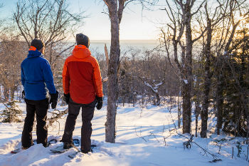 Deux personnes admirent le paysage en raquette.