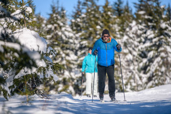 Un couple en ski de fond dans les bois.