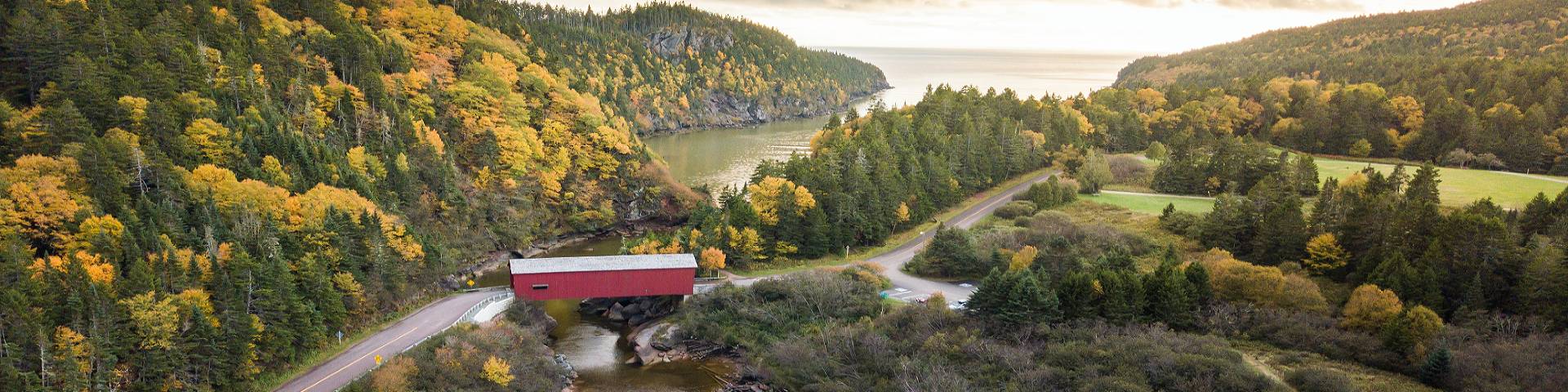 Aereal view of the Point Wolfe covered bridge