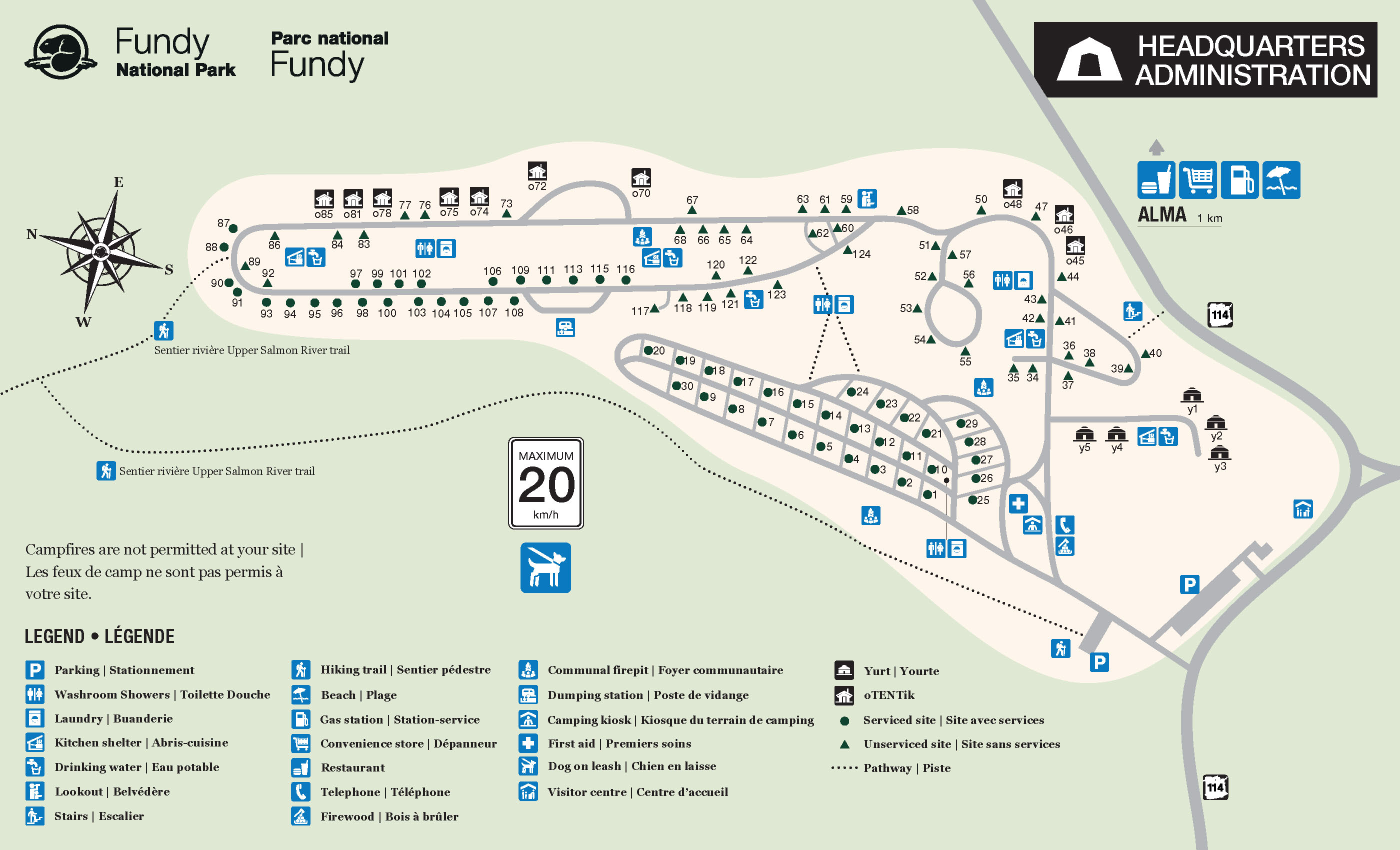 A map of the Headquarters Campground show the location of each site and services, as well as the location of nearby amenities.