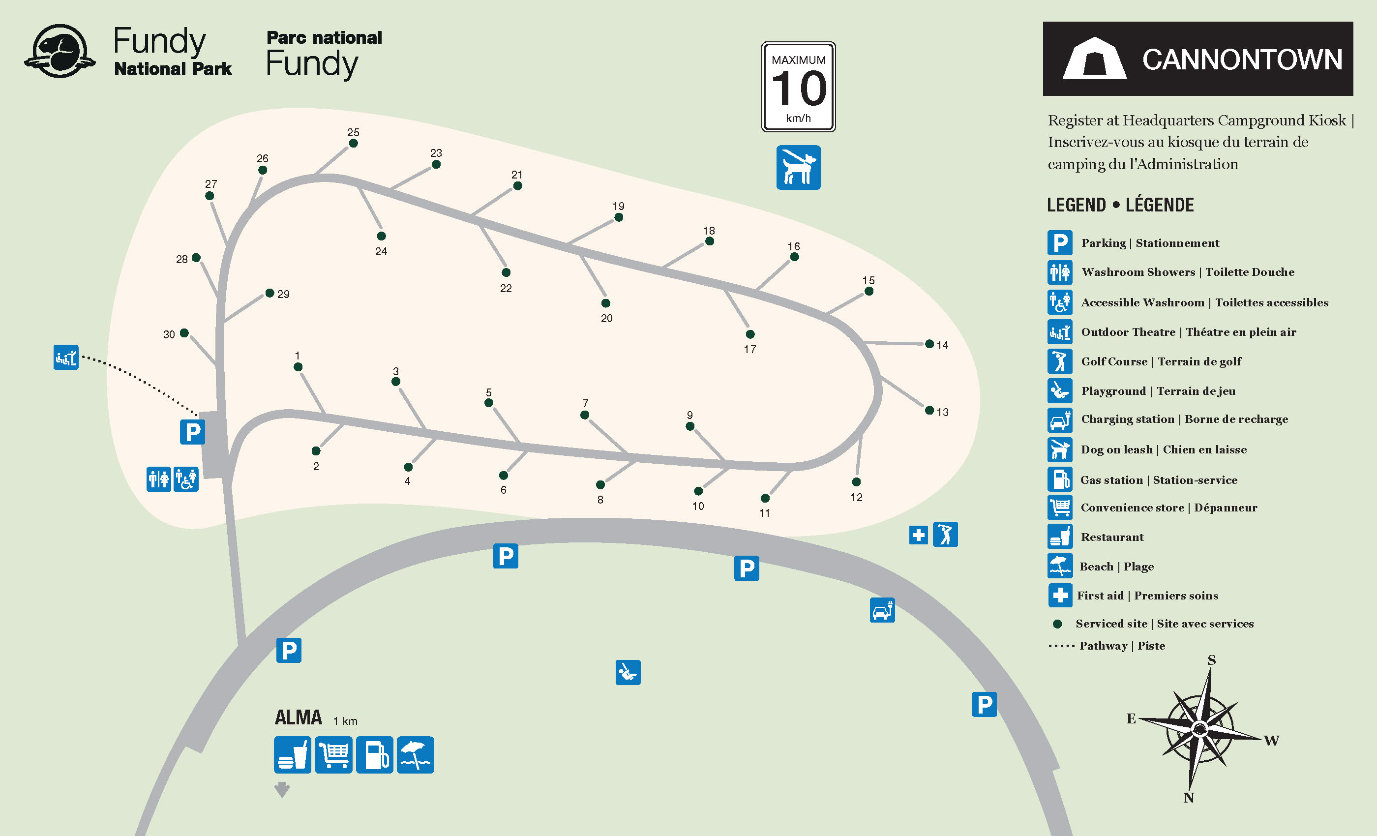 A map of Cannontown Campground shows the campsites, as well as the many services and amenities located nearby.