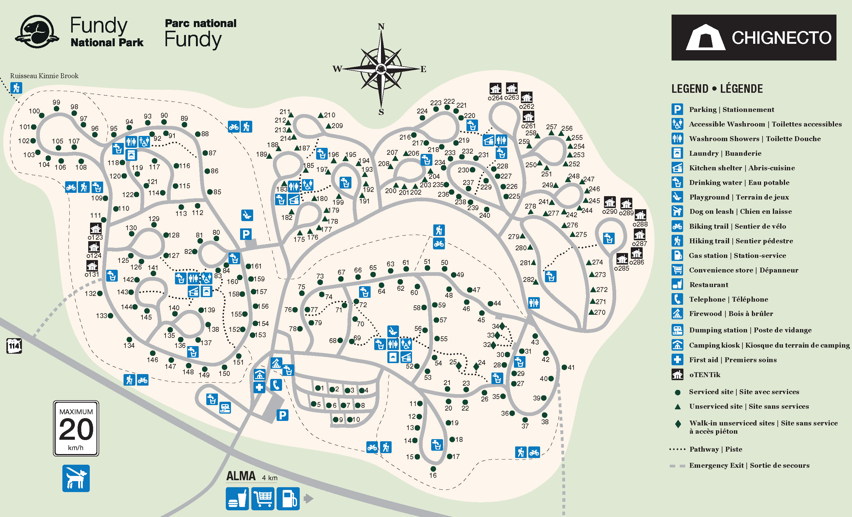 A map of Chignecto Campground shows the campsites, as well as the many services and amenities located nearby.