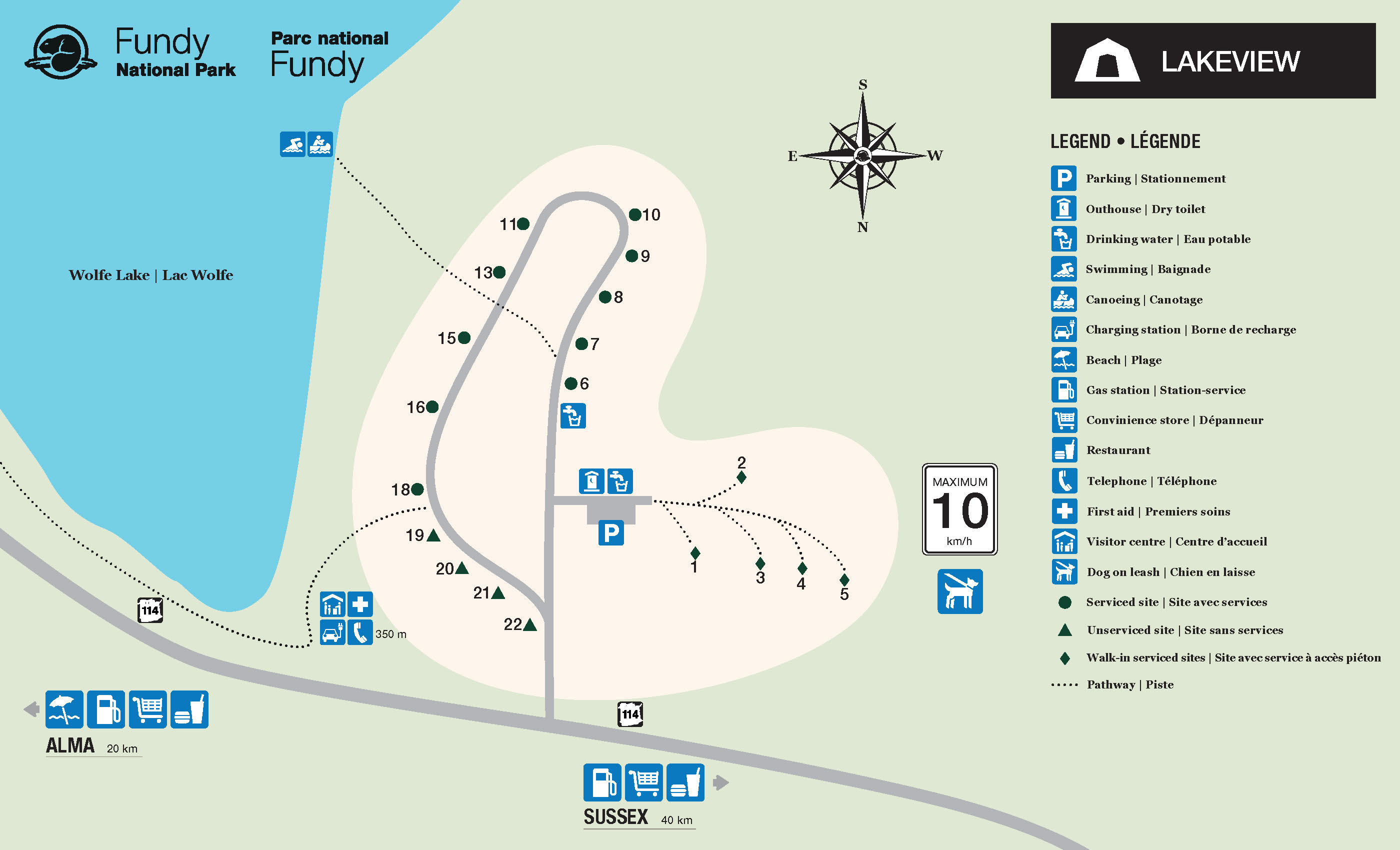 Une carte du terrain de camping Lakeview présente les emplacements de camping ainsi que les nombreux services et commodités situés à proximité.