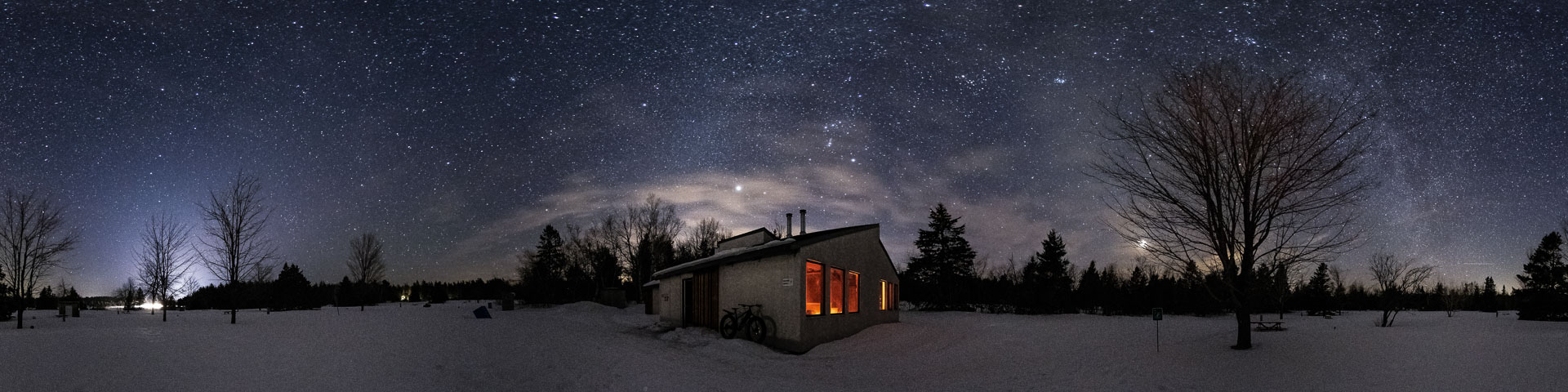 A shelter at night under the stars in the winter time
