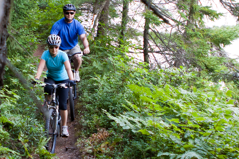 Cyclists on a mountain biking trail in the forest